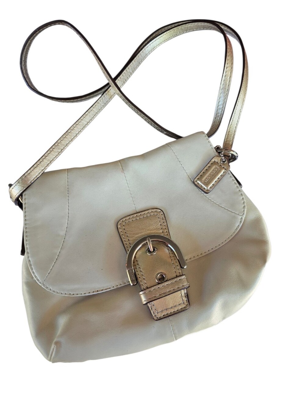 Coach Pebble Leather Crossbody Bag in Cream with Metallic Accents